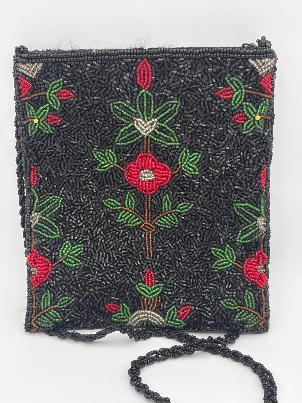Black Beaded Floral Crossbody Bag with Red & Green Embroidery